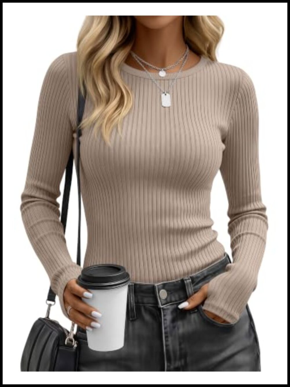 Long Sleeve Top with Thumb Holes Slim Fit Ribbed Crewneck